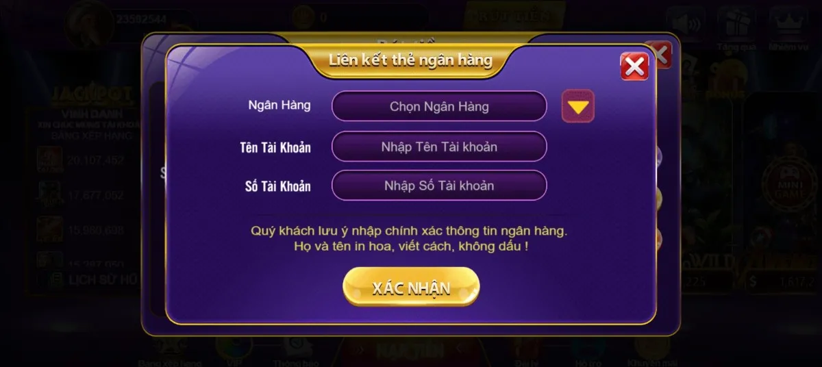 Nhập thông tin tài khoản ngân hàng để rút tiền
