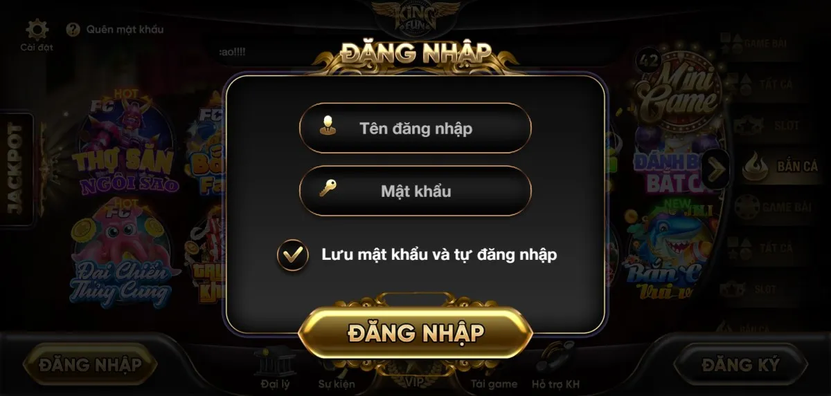 Quá trình đăng nhập Kingfun được thiết kế đơn giản