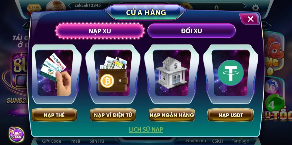 Sun52 cung cấp 4 phương thức nạp tiền khác nhau